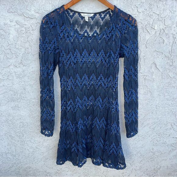 Lace Navy Blue Black Fit & Flare Mini Skater Dress SZ SM Long Sleeve Whimsy Goth - Picture 1 of 7